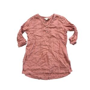 Cynthia Rowley Women Linen Pink Roll Tab Sleeve Tunic  Blouse Lagenlook Medium